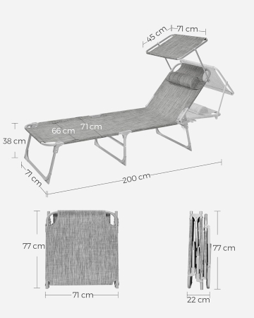 Sezlong pliabil, cu parasolar si tetiera, spatar reglabil in 4 pozitii, maxim 150kg, 200x71x38 cm, gri [1]
