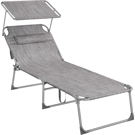 Gradina & balcon - Sezlong pliabil, cu parasolar si tetiera, spatar reglabil in 4 pozitii, maxim 150kg, 200x71x38 cm, gri