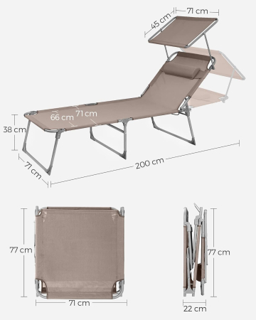 Sezlong pliabil cu parasolar si tetiera, spatar reglabil 4 pozitii, tesatura sintetica respirabila, max 150 kg, 200x71x38 cm, taupe [6]