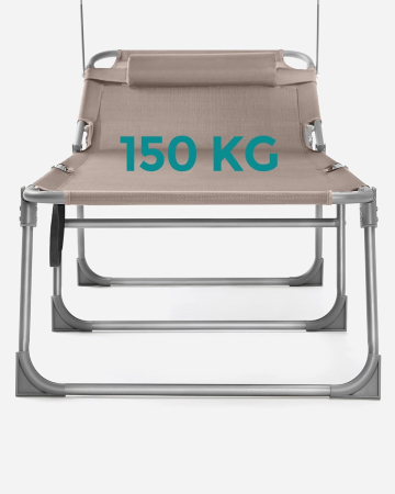 Sezlong pliabil cu parasolar si tetiera, spatar reglabil 4 pozitii, tesatura sintetica respirabila, max 150 kg, 200x71x38 cm, taupe [1]