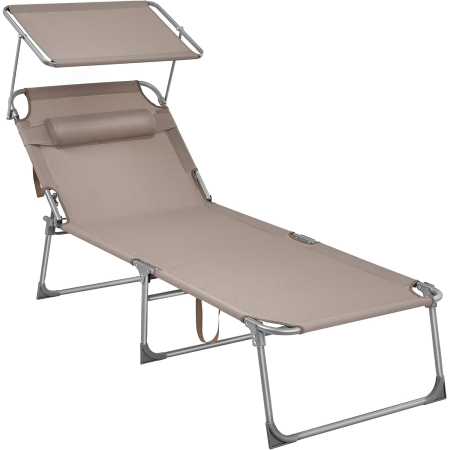 Scaune gradina si sezlonguri - Sezlong pliabil cu parasolar si tetiera, spatar reglabil 4 pozitii, tesatura sintetica respirabila, max 150 kg, 200x71x38 cm, taupe