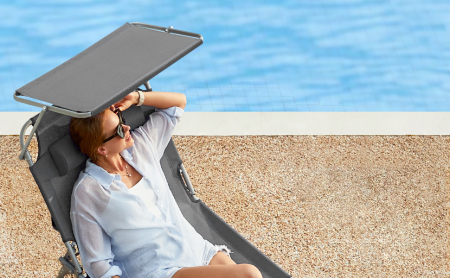 Sezlong pliabil cu parasolar si tetiera, spatar reglabil 4 pozitii, tesatura sintetica respirabila, max 150 kg, 200x71x38 cm, gri [1]