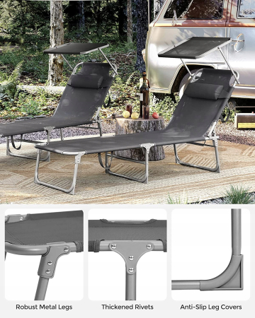 Sezlong pliabil cu parasolar si tetiera, spatar reglabil 4 pozitii, tesatura sintetica respirabila, max 150 kg, 200x71x38 cm, gri [6]