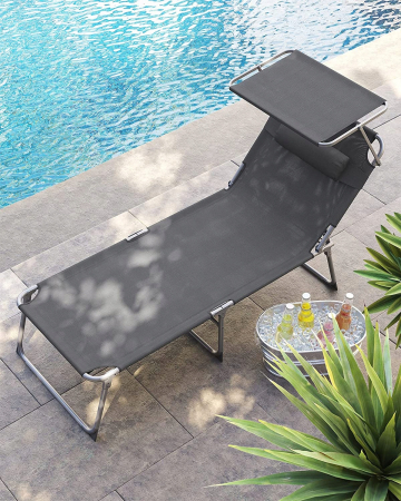 Sezlong pliabil cu parasolar si tetiera, spatar reglabil 4 pozitii, tesatura sintetica respirabila, max 150 kg, 200x71x38 cm, gri [11]