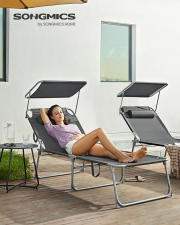 Sezlong pliabil cu parasolar si tetiera, spatar reglabil 4 pozitii, tesatura sintetica respirabila, max 150 kg, 200x71x38 cm, gri [3]