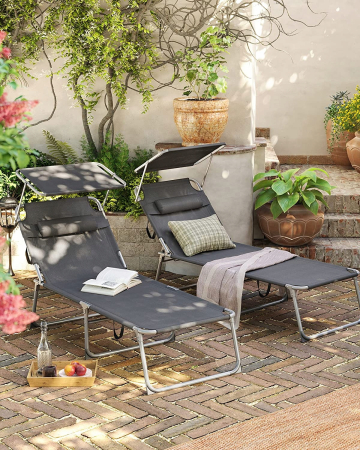 Sezlong pliabil cu parasolar si tetiera, spatar reglabil 4 pozitii, tesatura sintetica respirabila, max 150 kg, 200x71x38 cm, gri [8]