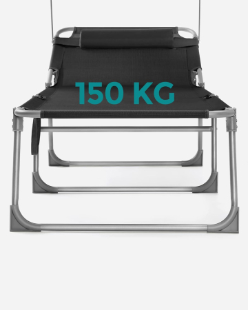 Sezlong pliabil cu parasolar si tetiera, spatar reglabil 4 pozitii, tesatura sintetica respirabila, max 150 kg, 200x71x38 cm, negru [2]