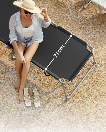 Sezlong pliabil cu parasolar si tetiera, spatar reglabil 4 pozitii, tesatura sintetica respirabila, max 150 kg, 200x71x38 cm, negru [6]