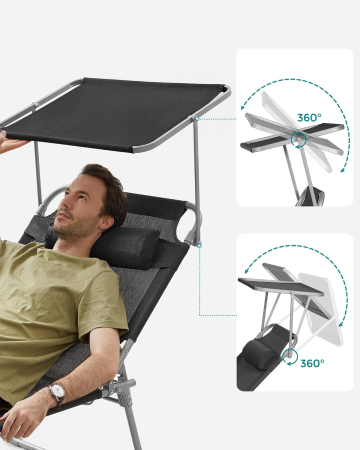 Sezlong pliabil cu parasolar si tetiera, spatar reglabil 4 pozitii, tesatura sintetica respirabila, max 150 kg, 200x71x38 cm, negru [3]