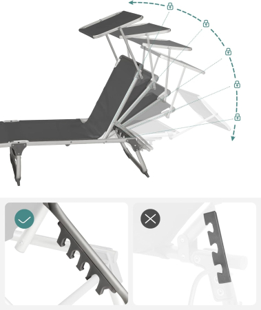 Sezlong pliabil, cu parasolar, spatar reglabil in 5 pozitii, maxim 150kg, 193x55x31cm, gri [5]