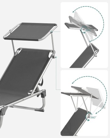 Sezlong pliabil, cu parasolar, spatar reglabil in 5 pozitii, maxim 150kg, 193x55x31cm, gri [4]