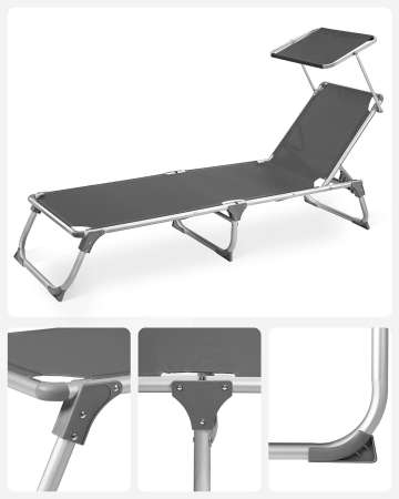 Sezlong pliabil, cu parasolar, spatar reglabil in 5 pozitii, maxim 150kg, 193x55x31cm, gri [6]
