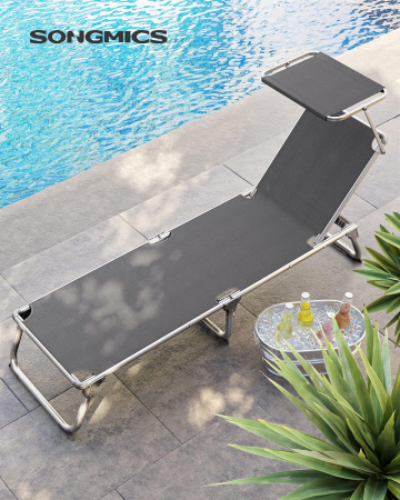 Sezlong pliabil, cu parasolar, spatar reglabil in 5 pozitii, maxim 150kg, 193x55x31cm, gri [3]