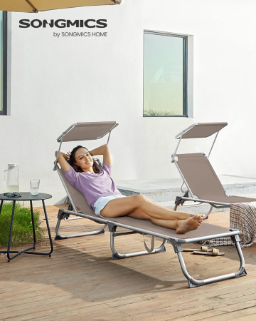 Sezlong pliabil cu parasolar, spatar reglabil 5 pozitii, cadru aluminiu, max 150 kg, 193x55x31 cm, taupe [9]