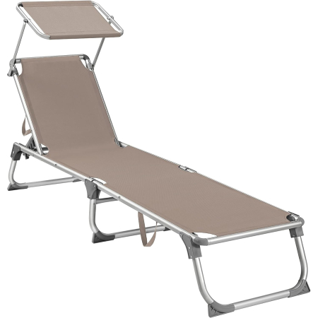 Scaune gradina si sezlonguri - Sezlong pliabil cu parasolar, spatar reglabil 5 pozitii, cadru aluminiu, max 150 kg, 193x55x31 cm, taupe