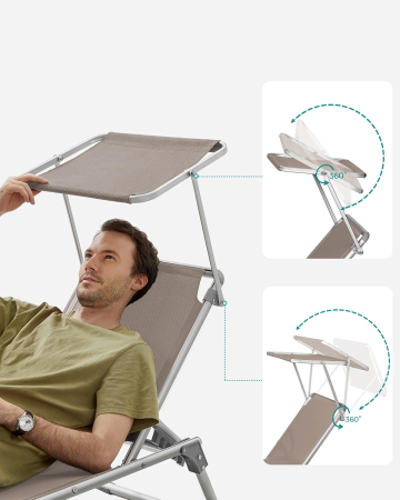 Sezlong pliabil cu parasolar, spatar reglabil 5 pozitii, cadru aluminiu, max 150 kg, 193x55x31 cm, taupe [6]