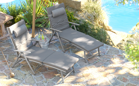 Sezlong pliabil cu saltea 6 cm si tetiera, spatar reglabil 7 pozitii, aluminiu anticoroziv, max 150 kg, 183x60x39 cm, gri [9]