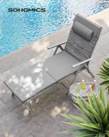 Sezlong pliabil cu saltea 6 cm si tetiera, spatar reglabil 7 pozitii, aluminiu anticoroziv, max 150 kg, 183x60x39 cm, gri [8]