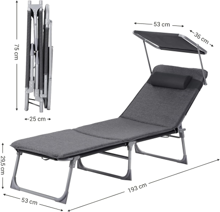 Sezlong pliabil cu saltea 3 cm si parasolar, spatar reglabil 4 pozitii, max 150 kg, 193x53x30 cm, gri [2]