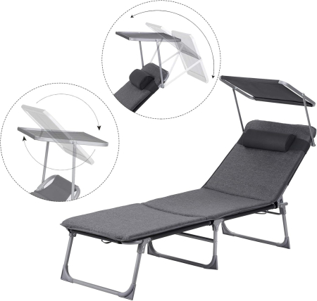 Sezlong pliabil cu saltea 3 cm si parasolar, spatar reglabil 4 pozitii, max 150 kg, 193x53x30 cm, gri [1]