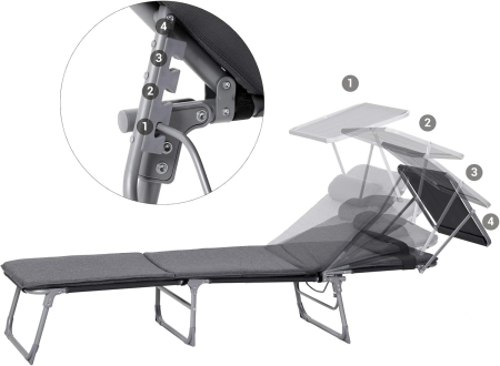 Sezlong pliabil cu saltea 3 cm si parasolar, spatar reglabil 4 pozitii, max 150 kg, 193x53x30 cm, gri [6]
