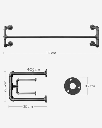 Sina metalica de agatat haine, montare pe perete, aspect industrial, 112x30x30cm, negru [7]