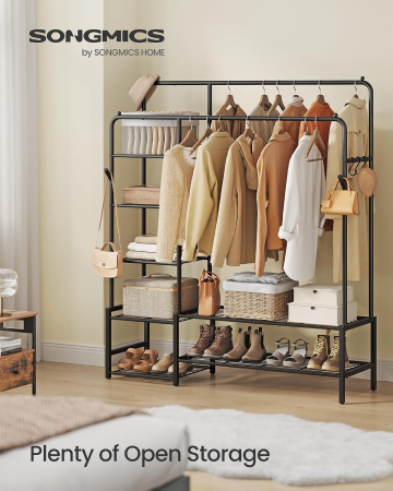 Suport haine cu 2 bare si 7 rafturi, carlige suplimentare de agatare, capacitate 180 kg, 45x116x173 cm, negru [5]