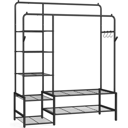 Mobila hol - Suport haine cu 2 bare si 7 rafturi, carlige suplimentare de agatare, capacitate 180 kg, 45x116x173 cm, negru