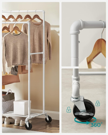 Suport haine cu 2 bare si raft, cu roti, cadru metalic, design industrial, 100x59x162 cm, alb [5]