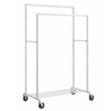 Cuiere - Suport haine cu 2 bare si raft, cu roti, cadru metalic, design industrial, 100x59x162 cm, alb