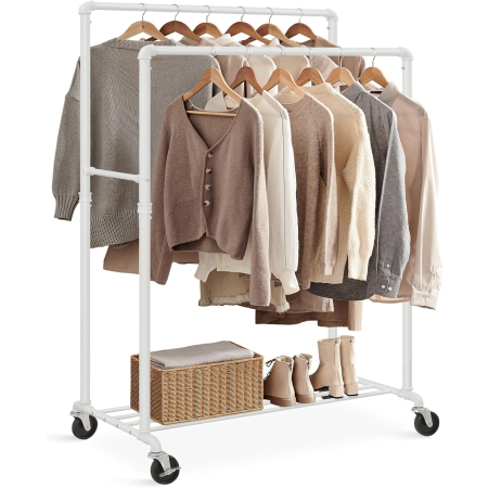 Suport haine cu 2 bare si raft, cu roti, cadru metalic, design industrial, 100x59x162 cm, alb [10]