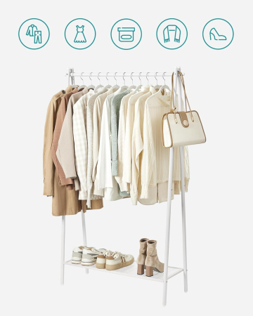 Suport haine cu bara si raft inferior, cadru metalic, 93x34x153 cm, alb [6]