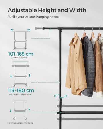 Suport haine cu doua bare, roti blocabile, inaltime reglabila, cadru metalic, 101x49x113-180 cm, negru [1]