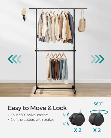 Suport haine cu doua bare, roti blocabile, inaltime reglabila, cadru metalic, 101x49x113-180 cm, negru [2]