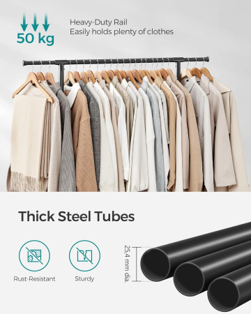 Suport haine cu doua bare, roti blocabile, inaltime reglabila, cadru metalic, 101x49x113-180 cm, negru [4]