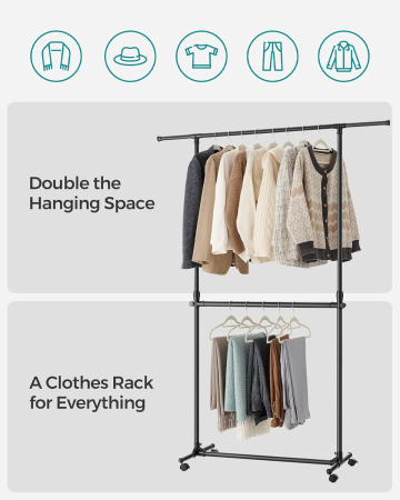 Suport haine cu doua bare, roti blocabile, inaltime reglabila, cadru metalic, 101x49x113-180 cm, negru [8]