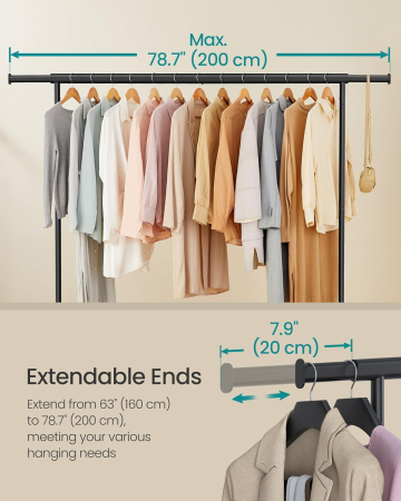 SONGMICS Suport haine cu roti, bara extensibila pentru umerase, structura metalica sarcina mare, 45x160-200x163 cm, negru [2]