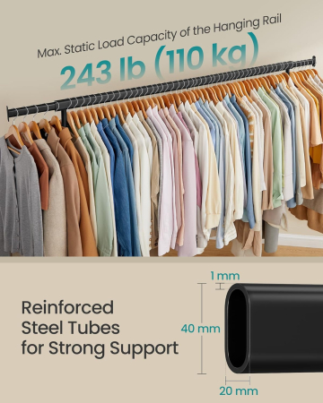 SONGMICS Suport haine cu roti, bara extensibila pentru umerase, structura metalica sarcina mare, 45x160-200x163 cm, negru [4]