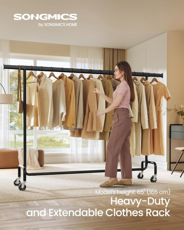 SONGMICS Suport haine cu roti, bara extensibila pentru umerase, structura metalica sarcina mare, 45x160-200x163 cm, negru [3]