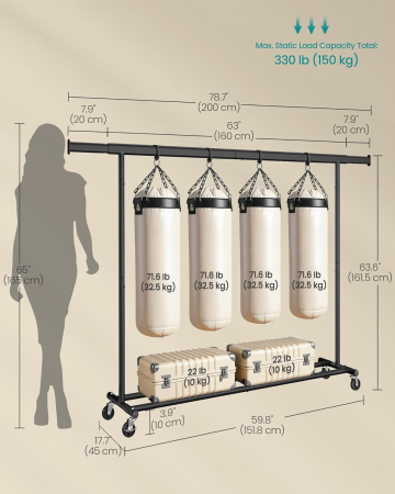 Suport haine cu roti, extensibil 160-200 cm, sarcina heavy duty otel 150 kg, roti blocabile, negru [6]