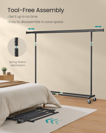 Suport haine cu roti, extensibil 160-200 cm, sarcina heavy duty otel 150 kg, roti blocabile, negru [2]