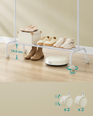 Suport haine metalic cu roti si raft inferior, stil industrial, 103x41x155 cm, alb [5]