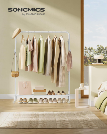 Suport haine metalic cu roti si raft inferior, stil industrial, 103x41x155 cm, alb [3]