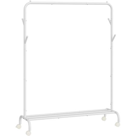 Mobila hol - Suport haine metalic cu roti si raft inferior, stil industrial, 103x41x155 cm, alb