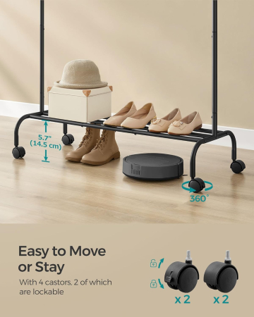 Suport haine metalic cu roti si raft inferior, stil industrial, 103x41x155 cm, negru [4]