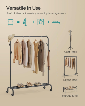 Suport haine metalic cu roti si raft inferior, stil industrial, 103x41x155 cm, negru [3]