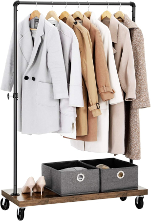 SONGMICS Suport haine pe roti, cu bara si raft inferior, stil industrial, 104x40x162 cm, negru [3]