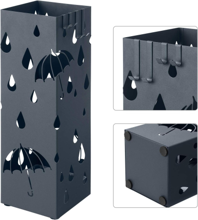 Suport umbrele metalic cu recipient detasabil apa, 4 carlige, decupaje moderne, 16x16x49 cm, antracit [1]