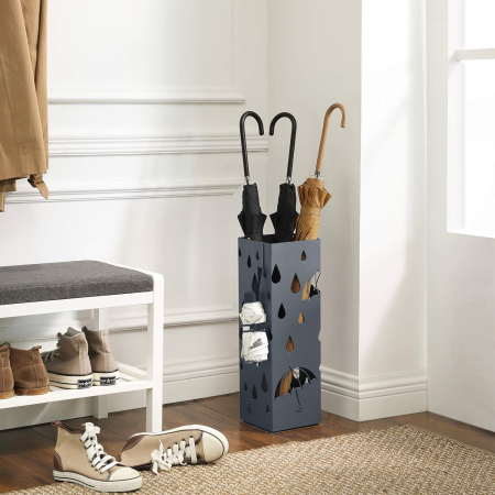 Suport umbrele metalic cu recipient detasabil apa, 4 carlige, decupaje moderne, 16x16x49 cm, antracit [5]
