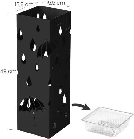 Suport umbrele metalic cu recipient detasabil apa, 4 carlige, decupaje decorative, 16x16x49 cm, negru [1]